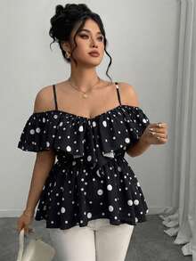 Elenzga Áo kiểu dáng chữ A thanh lịch, trễ vai, viền bèo nhún, cỡ lớn, thích hợp cho mùa xuân/hè. - Đen và trắng - Xem 4