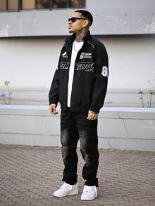 Devon Thys Men's Casual Letter Print Long Sleeve Jacket, Spring/Autumn Street Style Racing Jacket, Black Motorcycle Jacket, Long Sleeve Outgoing Designer Bomber Jacket, Street Style Version, Gift For Friends, Husband, Boyfriend - Black - View 5