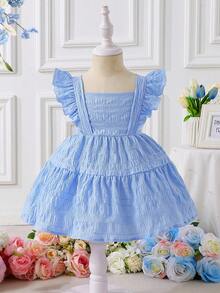 SHEIN Elladie kids 女嬰淺藍色夏季可愛生日純色細肩帶荷葉邊A字版型洋裝，適合外出、日常與海邊玩樂 - 藍色 - 查看 5