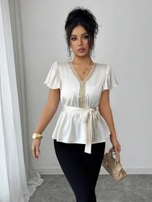 Elenzga Blusa elegante de mujer con cuello en V, lazo, decoración floral y mangas con volantes en línea A, adecuada para citas, primavera/verano - Albaricoque - Ver 5