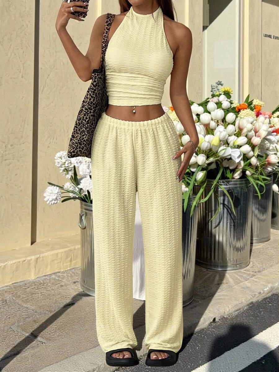 Muchica Women's Casual Knit Halter Neck Top And Pants Set, Light Yellow, Summer - Light Yellow - View 1