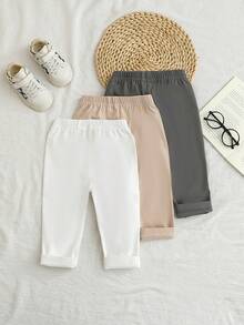 3条装男婴休闲绅士风弹力腰裤，经典颜色：白色、深灰色、卡其色，时尚简约，适合搭配各种上衣，户外、度假、旅行、派对、婚礼、学校、居家、日常穿着，四季皆宜，男婴休闲裤，幼儿正装裤，男童纯色休闲裤 - 彩色 - 查看 2