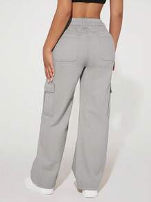 SHEIN PETITE Solid Color Loose Straight Leg Casual Fashionable Versatile Denim Pants - Light Grey - View 6