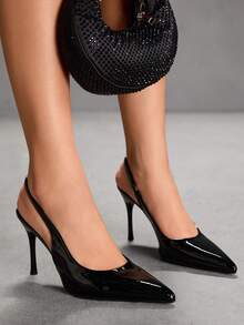 CUCCOO SZL 女士黑色尖头细高跟鞋，后系带露跟鞋，适合婚礼、宴会等场合，简约时尚，尽显优雅气质。女士高跟鞋，情人节特惠。 - 黑色 - 查看 5