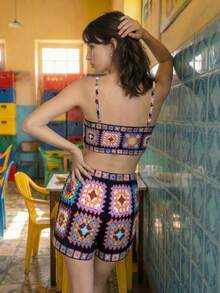 CAJUNI 钩针拼接印花上衣和裙子套装 - 黑色 - 查看 2