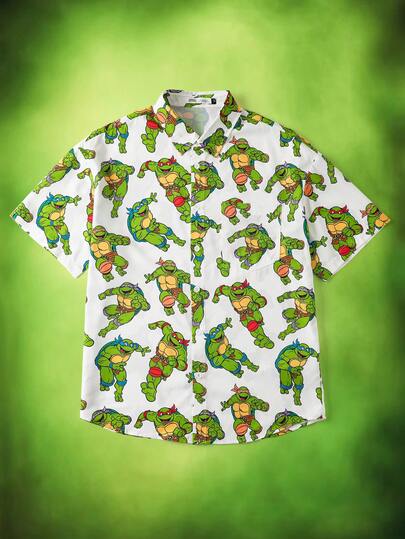 TEENAGE MUTANT NINJA TURTLES | SHEIN Camisa de manga corta casual y holgada con estampado clásico de personajes en todo el diseño