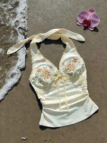 Summer Fashion Beach Vacation Embroidered Lace Trim Women Halter Neck Camisole - Apricot - View 4