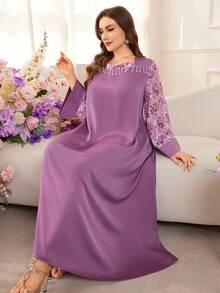 Al Najma Elegant Contrast Lace Flare Sleeve Dress, Spring/Summer - Multicolor - View 6