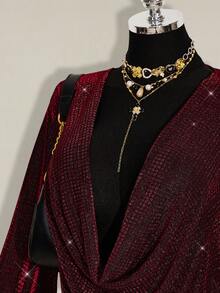 SHEIN ICON Plus Size Women's Plunging Neck Gold Mini Party Dress Burgundy Outfit Women Red Sparkly Dress - Burgundy - View 5