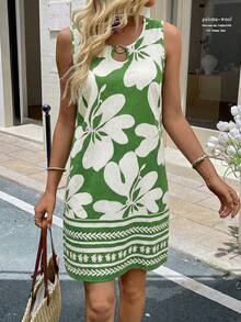 SHEIN LUNE Plus Size Colorblock Print Round Neck Sleeveless Dress - Green - View 4