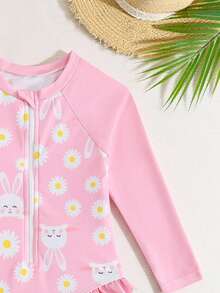 年轻女孩新款时尚连体拼布印花泳衣 - 淺粉色 - 查看 4