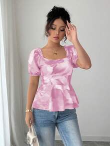 Elenzga 女士优雅印花荷叶边泡泡袖收腰衬衫 - 粉色 - 查看 6