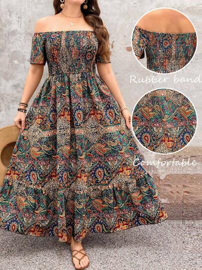 SHEIN Tall CURVE Plus Size Minimalist Print Off-Shoulder Dress