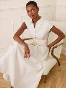 Lilora Women's Elegant Long Open Front Shirt Dress - Beige - View 6