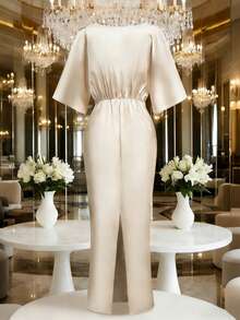 GlowEve 女士时尚喇叭袖褶皱腰身优雅连衣裙，适合休闲、度假、外出、派对、春夏穿着 - 杏色 - 查看 2