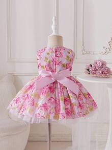 Glamorique Kids Baby Girls' Sleeveless Pink Elegant Summer Flower Girl Dress With Rose Flower Print,Jacquard Fabric,Satin Waist Belt,Tulle Birthday Wedding Party - Pink - View 3