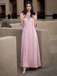 Layrah Handmade Rhinestone Embellished Pink Robe/Robe Pink Silk Dress Formal Elegant Party Uxury Evening Dresses Wedding Party Dress - Pink - View 3