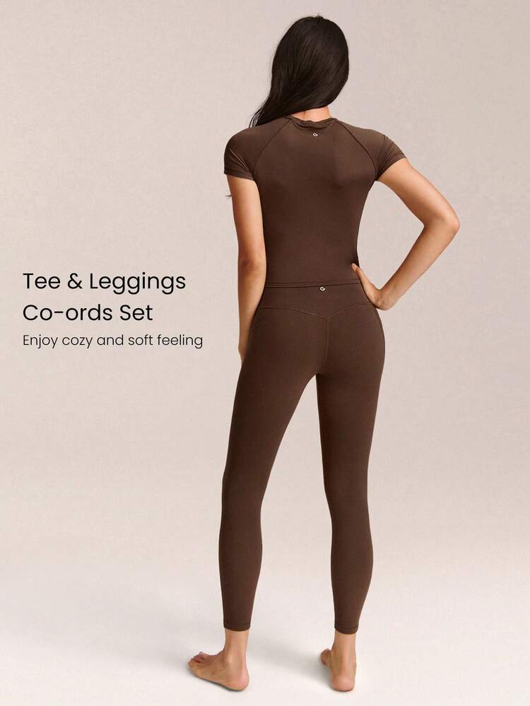 2 Pieces Everyday Glow Ultra-Soft Lightweight Stretchy Short-Sleeve Crew Neck Crop Top & FeatherFit™ Leggings Set Low Impact Daily Casual Street Wear