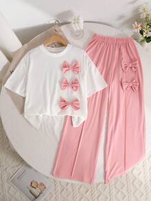 SHEIN 少女休闲修身宽松蝴蝶结装饰T恤和褶皱裤两件套针织套装，粉色 - 粉色 - 查看 4