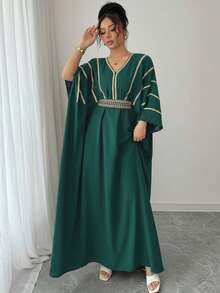 V领金色蕾丝收腰长款罩衫 - 橄欖綠 - 查看 3