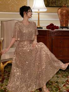 DAZY Đầm dài ngang gối cổ tròn đính sequin thanh lịch dành cho nữ, đầm dự tiệc cưới mùa hè, đầm lấp lánh, đầm maxi, đầm mùa hè. - Hồng - Xem 7