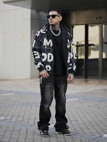 Devon Thys 男士长袖字母图案贴布细节连帽羽绒服，适合秋冬季穿着 - 黑色 - 查看 5