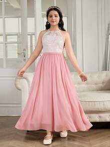 Tween Girl Floral Lace Patchwork Contrast Color Elegant Halter Party Dress - Pink - View 3