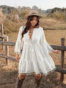 Ceyna 大码白色蕾丝边休闲百搭连衣裙，春夏款 - 白色 - 查看 5