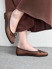CUCCOO BIZCHIC 女士休闲百搭简约蝴蝶结装饰平底乐福鞋，圣诞节必备 - 棕淺色網紗 - 查看 3