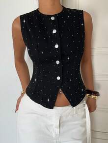 Aloruh Women's Rhinestone Embellished Round Neck Single-Breasted Casual Denim Vest,Summer,Valentine's Day, - Blue - View 1