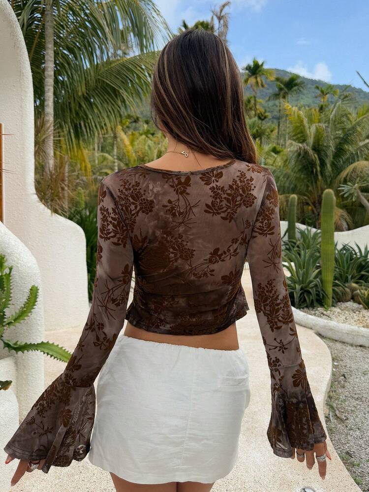 Women's Flocked Burnout Mesh V-Neck Twist Waist Slim Fit Blouse, Elegant Mature Lady Style Top Long Sleeve Tops Women