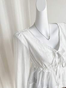 SHEIN Unity Romantic, Elegant, Sweet, Cute, Soft, Graceful Lady-Like Pure Maiden Office, School, Casual, Commute, Date, Shopping, Home, Vacation Thin Transparent V-Neck Ruched Waist Long Sleeve White A-Line Blouse Top, Spring/Summer/Autumn/Winter - White - View 4