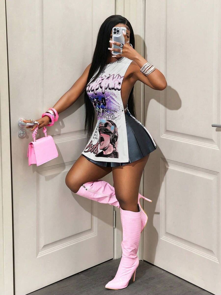 BamGleam 新款性感圆领字母图案印花侧开衩女式上衣，休闲百搭 - 白色 - 查看 1