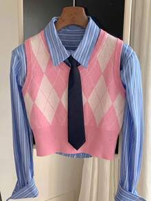 SHEIN Comfortcana Áo vest dệt kim cổ chữ V họa tiết hình thoi dành cho nữ, kiểu dáng thường ngày, đa năng, thích hợp cho mùa thu/đông. - Màu Hồng baby - Xem 5