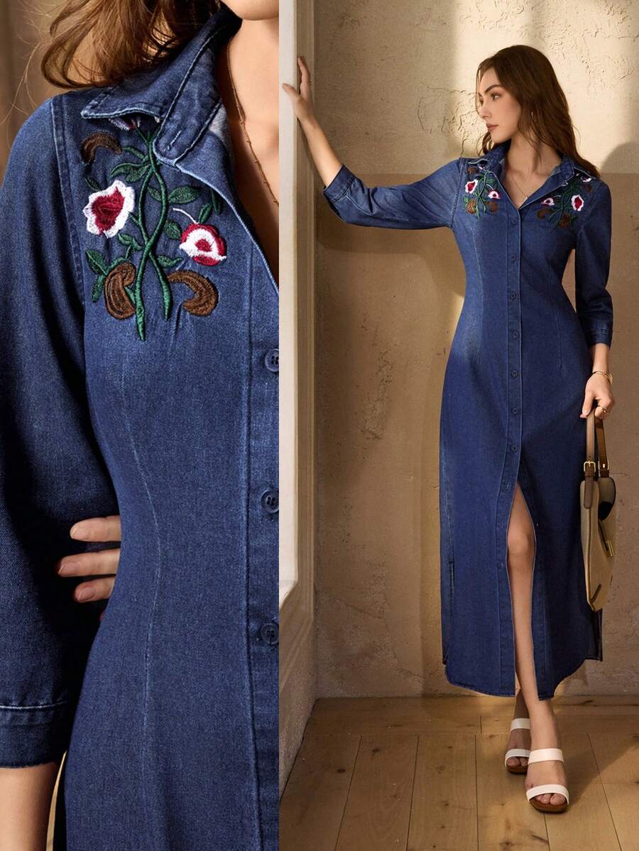 Selenza 女士花卉刺绣七分袖单排扣优雅牛仔连衣裙 - 藍色 - 查看 1