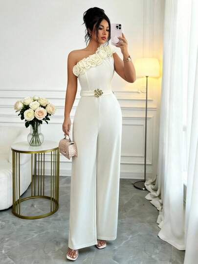 Rafferiza جمبسوت نسائية بخصر مربوط معدني وكشكشة على الكتف غير متماثلة، بقصة أنيقة للذهاب إلى العمل والعطلات، قصة ضيقة وساق واسعة