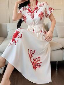 DAZY 女士优雅印花系带中长连衣裙，配西装领，夏季婚礼宾客礼服 - 紅色 - 查看 6