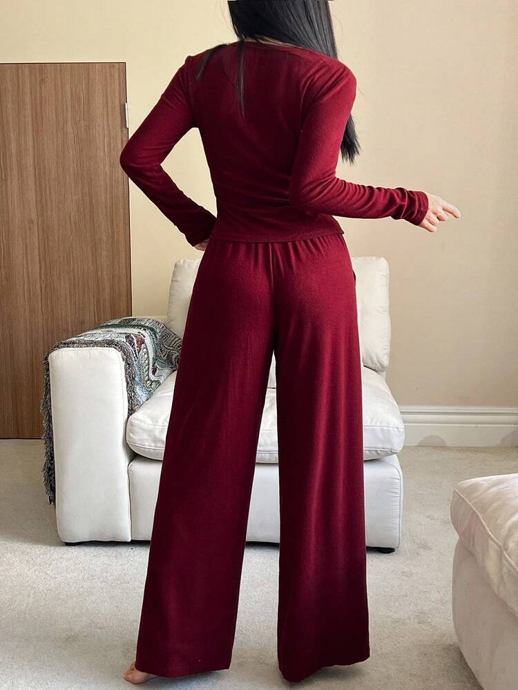 Comfortable Knit Partial Button Fitted Top And Loose Pants Women Sleepwear Lounge Set, Fall Winter Clothes, Cozy Outfit