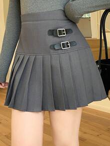 FRIFUL 女士纯灰色百褶短款修身百搭迷你裙 - 灰色 - 查看 8