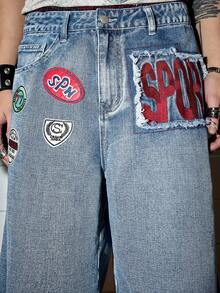 ROMWE MEN Street Life Men's Slogan Logo Embroidered Accent Drawstring Denim Shorts, Collegiate Style - Blue - View 2