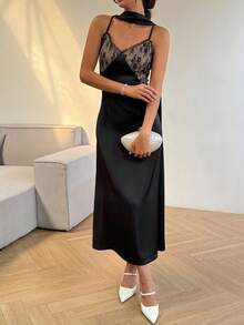 Livesso Spring Lace Ribbon Splice Elegant Party Bridesmaid Wedding Guest Cocktail Beach Midi Dress For Women Summer Sundress - Black - View 4