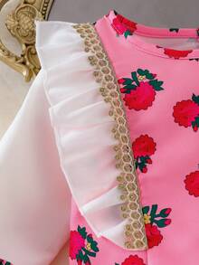 Conjunto de 2 piezas de camiseta de manga larga con encaje floral y cinta dorada, y falda con estampado floral pequeño para niñas pequeñas, nueva moda primavera/verano 2026, atuendo de Oriente Medio, esencial para viajar - Rosa - Ver 4