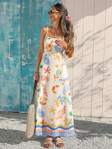 Vivid Eden 女士休闲收腰A字艺术印花无袖沙滩连衣裙，夏季 - 彩色 - 查看 1