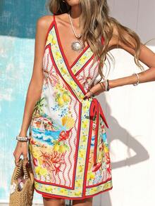 Vivid Eden Women's Summer Beach Vacation Tropical Print Wrap Tie Front Cami Mini Dress - Multicolor - View 1