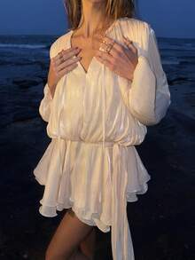 Opulessa 度假风宽松纯色长袖女式迷你连衣裙 - 杏色 - 查看 6