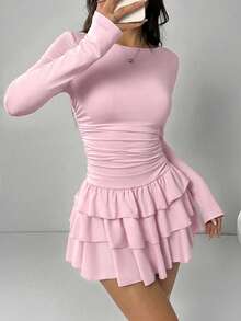 SHEIN EZwear 女士可爱浅粉色针织迷你连衣裙，休闲风格，长喇叭袖，圆领，层叠设计 - 淺粉色 - 查看 5
