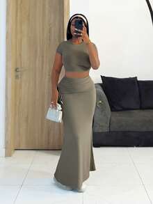 Slaydiva New Early Spring, Spring And Summer Music Festival, Valentine's Day, Easter, Bohemian Style, Nomadic Style, Casual, Simple And Basic, Cruise Party, Birthday Party, Daily Date, Casual Vacation, Elegant Commuting, Round-Neck Short-Sleeved, Ultra-Crop Top, T-Shirt + Side Drawstring, Bodycon Skirt, H-Shaped Long Skirt, Gray-Brown Set, Women's Two Pieces Set -A - Grey - View 6