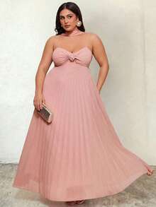 SHEIN BAE 大码女士粉色褶皱抹胸连衣裙，配颈巾，度假装 - 藕粉色 - 查看 8