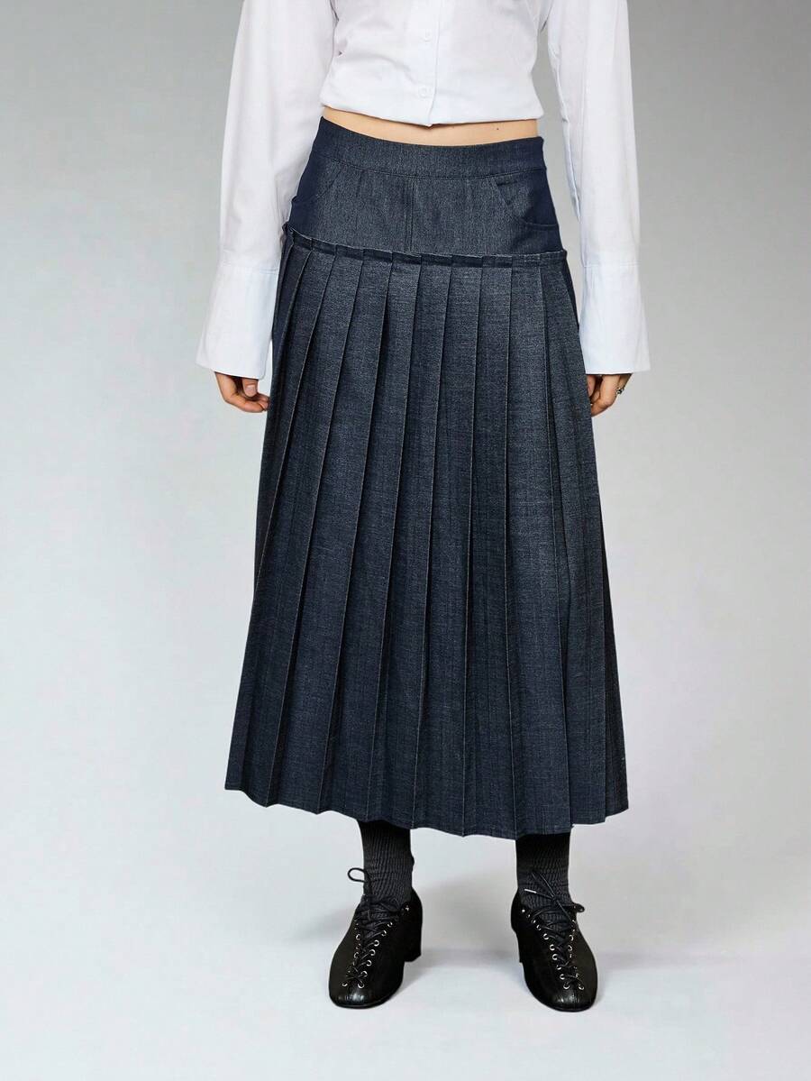 COUREZ Pleated Midi Skirt In Indigo PVL  /Y2K  Spring Outfits For Women Denim Skirts Cute Going Out Party Outfits Festivals Outfits Low Rise Skirt Pleated Skirt - Blue - View 1