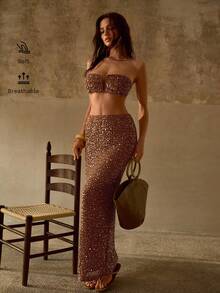 MOTF PREMIUM SEQUIN EMBROIDERED BLING BLING MERMAID HEM BOHEMIAN WOMEN BEACH COVER UP MAXI SKIRT - Brown - View 7